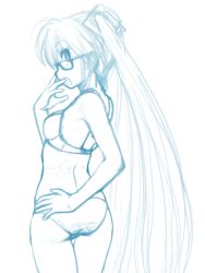 Rule 34 | 1girl, ass, bespectacled, blue theme, bra, glasses, hand on own hip, hatsune miku, long hair, looking back, monochrome, o-minato, open mouth, panties, sketch, solo, twintails, underwear, underwear only, very long hair, vocaloid