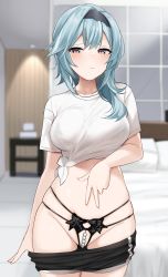 Rule 34 | 1girl, absurdres, black panties, black shorts, blue hair, blurry, breasts, clothes pull, cowboy shot, crop top, depth of field, eula (genshin impact), frown, genshin impact, groin, hair over shoulder, hairband, hand on own stomach, highres, indoors, large breasts, lingerie, long hair, looking at viewer, midriff, multi-strapped panties, panties, pearl thong, shengtian, shirt, short shorts, short sleeves, shorts, shorts pull, side-tie shirt, skindentation, solo, standing, stomach, string panties, tied shirt, underwear, white shirt, yellow eyes