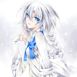 Rule 34 | 1girl, blue eyes, bow, braid, capelet, dress, licking lips, long hair, long sleeves, looking at viewer, original, senzi, silver hair, solo, tongue, tongue out, very long hair, white dress, wide sleeves
