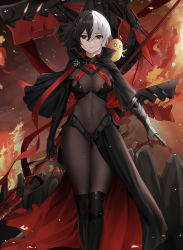Rule 34 | 1girl, arms at sides, azur lane, black cape, black capelet, black footwear, black hair, bodystocking, bodysuit, boots, breasts, bruenhilde (azur lane), cape, capelet, closed mouth, covered navel, cross, feet out of frame, gauntlets, hair between eyes, highres, holding, holding weapon, horns, iron cross, large breasts, legs together, looking at viewer, machinery, manjuu (azur lane), multicolored hair, qing wu, red eyes, short hair, sidelocks, smile, solo, split-color hair, standing, thigh boots, two-tone hair, waist cape, weapon, white hair