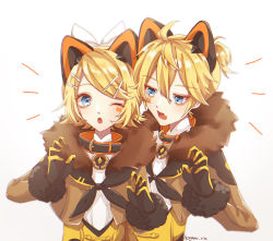 Rule 34 | 1boy, 1girl, ;o, black gloves, blonde hair, brother and sister, brown jacket, facial mark, fur-trimmed sleeves, fur trim, gloves, hair between eyes, hair ornament, hairclip, jacket, kagamine len, kagamine rin, kagamirror02, magical mirai len, magical mirai rin, one eye closed, open clothes, open jacket, open mouth, shirt, short hair, short ponytail, siblings, swept bangs, twitter username, upper body, vocaloid, white shirt