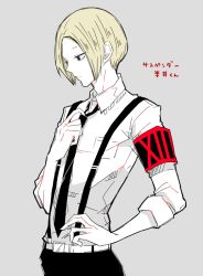 Rule 34 | 1boy, armband, awara kayu, belt, black armband, black necktie, blonde hair, closed mouth, collared shirt, commentary request, cowboy shot, from side, grey background, long sleeves, male focus, nakarai keijin, necktie, pale skin, pants, parted bangs, red armband, roman numeral, shirt, short hair, simple background, solo, suspenders, tokyo ghoul, tokyo ghoul:re, translation request, white belt