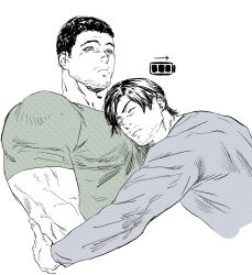 Rule 34 | 123456dyom, 2boys, absurdres, bara, battery, beard stubble, blue shirt, blush, chris redfield, closed eyes, closed mouth, facial hair, green shirt, highres, hug, large pectorals, leon s. kennedy, looking at another, male focus, multiple boys, muscular, muscular male, partially colored, pectorals, recharging, resident evil, resident evil 6, shirt, short hair, simple background, stubble, upper body, yaoi