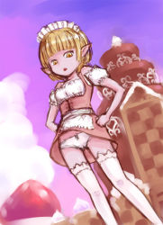 Rule 34 | 1girl, blonde hair, breasts, dragon quest, dragon quest x, dress, elf, elf (dq10), food, fruit, gingerbread house, gouchin (nyou-tou), hands on own hips, looking at viewer, maid, maid headdress, panties, pantyshot, pointy ears, red dress, short hair, short sleeves, sky, small breasts, square enix, standing, strawberry, thighhighs, underwear, whipped cream, white panties, white thighhighs, yellow eyes