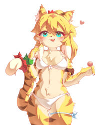 Rule 34 | 1girl, :3, animal ear fluff, animal ears, animal nose, aqua eyes, bikini, black fur, blonde hair, blush, body fur, breasts, cameltoe, candy, cleavage, cowboy shot, fang, finger to cheek, food, furry, furry female, gluteal fold, green ribbon, hair between eyes, hands up, heart, highres, holding, holding candy, holding food, holding lollipop, lalamedli, lollipop, looking at viewer, medium hair, mia (world flipper), navel, open mouth, ponytail, red ribbon, ribbon, side-tie bikini bottom, simple background, skin fang, small breasts, solo, swimsuit, tail, tail ornament, tail raised, tail ribbon, thigh gap, thigh strap, tiger ears, tiger girl, tiger stripes, tiger tail, white background, white bikini, white fur, world flipper, wrist ribbon, yellow fur