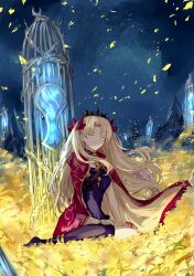 Rule 34 | 1girl, absurdres, blonde hair, cage, cape, closed eyes, commentary request, ereshkigal (fate), fate/grand order, fate (series), field, flower, flower field, highres, long hair, petals, red cape, single thighhigh, sitting, sodamachi, tears, thighhighs, tiara, yellow flower, yokozuwari