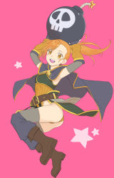 Rule 34 | 1girl, :d, armpits, ass, belt, bomb, boots, cape, detached sleeves, elbow gloves, explosive, eyebrows hidden by hair, fingerless gloves, gloves, highres, holding, leotard, misogi (princess connect!), open mouth, orange hair, pastime774, ponytail, princess connect!, simple background, smile, solo, thighhighs, yellow eyes