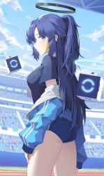 Rule 34 | 1girl, absurdres, ass, black shirt, blue archive, blue buruma, blue eyes, blue hair, blue sky, buruma, cowboy shot, double vertical stripe, from side, gaoqiaoyuyin takahashi, halo, highres, jacket, long hair, long sleeves, looking at viewer, looking to the side, official alternate hairstyle, shirt, short sleeves, sky, solo, stadium, standing, striped clothes, striped jacket, track jacket, twintails, yuuka (blue archive), yuuka (track) (blue archive)