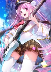 Rule 34 | 1girl, :d, blue sky, blush, bun cover, capelet, chikuwa., cloud, commentary request, day, double bun, electric guitar, from below, guitar, hair bun, heaven burns red, highres, holding, holding instrument, instrument, kunimi tama, long sleeves, looking at viewer, looking down, open mouth, outdoors, parted bangs, pink hair, red eyes, shirt, sky, smile, solo, standing, standing on one leg, thighhighs, two side up, white capelet, white shirt, white thighhighs, wide sleeves
