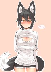 Rule 34 | 1girl, animal ears, black hair, blush, breast hold, breasts, cleavage, cleavage cutout, clothing cutout, cowboy shot, embarrassed, fox ears, fox tail, frown, ganesagi, large breasts, looking to the side, meme attire, nanashi (ganesagi), nanashi (shirogane usagi), open-chest sweater, original, ribbed sweater, short hair, short shorts, shorts, simple background, sleeves past wrists, solo, spoken blush, sweater, tail, turtleneck, yellow eyes