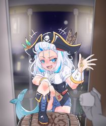 Rule 34 | 1girl, blouse, blue eyes, blue hair, boots, city lights, door, doorway, fins, fish tail, gawr gura, hat, highres, hololive, hololive english, map, moral cacoethes, multicolored hair, open mouth, pirate, pirate costume, pirate hat, pov doorway, shark tail, sharp teeth, shirt, streaked hair, tail, teeth, virtual youtuber, white hair