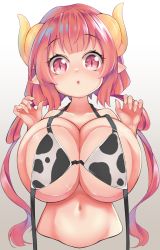 Rule 34 | 1girl, against glass, animal print, arm support, artist request, bikini, bikini top only, breast press, breasts, breasts on glass, cow print, dragon girl, fingernails, glass, highres, horns, huge breasts, ilulu (maidragon), kobayashi-san chi no maidragon, long hair, looking at viewer, low twintails, navel, pink hair, pointy ears, print bikini, shiny skin, simple background, solo, swimsuit, twintails, upper body