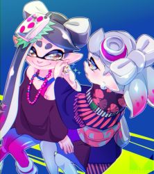 Rule 34 | + +, 1980s (style), 2girls, adjusting earrings, alternate costume, black hair, black kimono, black shirt, blue legwear, brown eyes, callie (splatoon), chichi band, closed mouth, commentary request, cousins, earrings, food, food on head, grey hair, inkling, japanese clothes, jewelry, kimono, long hair, long sleeves, looking at another, loose socks, marie (splatoon), multicolored clothes, multicolored legwear, multiple girls, necklace, nintendo, object on head, off-shoulder shirt, off shoulder, oldschool, pantyhose, pointy ears, print kimono, retro artstyle, shirt, short hair, sitting, smile, socks, sparkle, splatoon (series), standing, tank top, wide sleeves