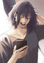 Rule 34 | 1boy, bags under eyes, black hair, black shirt, boku no hero academia, cellphone, collarbone, curtains, eraser head (boku no hero academia), facial hair, goatee, hair between eyes, highres, holding, holding phone, male focus, mustache stubble, one eye closed, open mouth, phone, rnuyvm, scar, scar across eye, scar on face, shirt, short sleeves, smartphone, solo, sparse stubble, stubble, sunlight, teeth, window