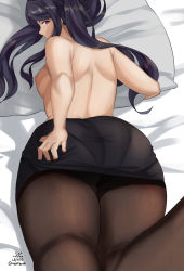 Rule 34 | 1girl, artist name, ass, bare back, bare shoulders, bed, bl/ess, black hair, breasts, commentary, from behind, highres, jill stingray, long hair, looking at viewer, looking back, lying, medium breasts, nipples, on stomach, pantyhose, pantylines, pillow, red eyes, sideboob, signature, skirt, solo, thick thighs, thighs, va-11 hall-a