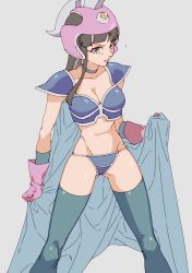 Rule 34 | 1girl, armor, bikini, bikini armor, black eyes, black hair, breasts, cape, chi-chi (dragon ball), dragon ball, dragon ball (classic), eyelashes, frown, gloves, gluteal fold, grabbing, grey background, helmet, highres, legs apart, long hair, looking at viewer, mgong520, pink gloves, serious, simple background, solo, standing, swimsuit, thighhighs