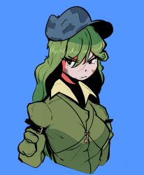 Rule 34 | 1girl, belt, breasts, camouflage, collared jacket, collared shirt, frown, green eyes, hair strand, hat, jacket, key, long hair, medium breasts, pocket, scar, scar on face, shirt, simple background, the t, touhou, yamashiro takane