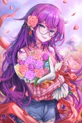 Rule 34 | 1girl, absurdres, alchemilla menace, blush, bouquet, commentary, cyberlive, english commentary, flower, glasses, highres, long hair, lunarisbloom, petals, pink sweater, purple eyes, purple hair, rose, rose petals, shorts, smile, solo, sweater, valentine, virtual youtuber