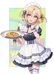 Rule 34 | 1girl, :d, absurdres, apron, black-framed eyewear, black dress, black ribbon, blonde hair, blush, breasts, chair, cleavage, curly hair, dress, frilled apron, frills, glasses, green eyes, heart, highres, holding, holding plate, hououji fuu, looking at viewer, magic knight rayearth, maid, maid headdress, masami (souzou jinsei sanka), medium breasts, neck ribbon, open mouth, outside border, over-rim eyewear, parted bangs, plate, puffy short sleeves, puffy sleeves, ribbon, semi-rimless eyewear, short hair, short sleeves, smile, solo, thighhighs, white apron, white thighhighs, wrist cuffs, zettai ryouiki