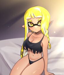 Rule 34 | 1girl, agent 3 (splatoon 3), black panties, black shirt, blonde hair, braid, braided sidelock, breasts, closed mouth, collarbone, commentary, commentary request, crop top, dark-skinned female, dark skin, english commentary, highres, inkling, inkling girl, inkling player character, large breasts, long hair, mixed-language commentary, navel, nintendo, norishiitsu, on bed, panties, pointy ears, shirt, single braid, sitting, solo, splatoon (series), splatoon 3, sunlight, tentacle hair, thick eyebrows, torn clothes, torn shirt, underwear, yellow eyes