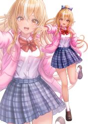 Rule 34 | 1girl, absurdres, blonde hair, blue bow, blue skirt, blush, bow, bowtie, breasts, brown footwear, buttons, collared shirt, full body, hair between eyes, hair bow, highres, hololive, jacket, leg up, long hair, looking at viewer, medium breasts, multicolored hair, multiple views, open clothes, open jacket, open mouth, orange eyes, pink jacket, plaid, plaid skirt, pointy ears, ponytail, reaching, reaching towards viewer, red bow, red bowtie, school uniform, shiranui flare, shirt, shoes, simple background, skirt, smile, socks, solo, standing, teeth, thighs, tongue, two-tone hair, upper teeth only, virtual youtuber, wajuniorbox, white background, white hair, white shirt, white socks