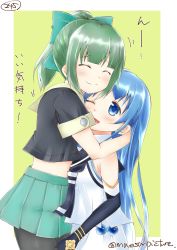Rule 34 | 10s, 2girls, ^ ^, ^o^, bare shoulders, black gloves, blue eyes, blue hair, bow, closed eyes, commentary request, elbow gloves, eyebrows, closed eyes, gloves, green hair, green skirt, hair bow, highres, hug, kantai collection, long hair, mae (maesanpicture), multiple girls, numbered, one eye closed, pantyhose, pleated skirt, ponytail, samidare (kancolle), school uniform, serafuku, skirt, thighhighs, translated, twitter username, yuubari (kancolle)