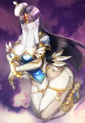 Rule 34 | 1girl, black hair, breasts, caster of the nocturnal castle, circlet, cleavage, covered navel, curvy, dark-skinned female, dark skin, fate/grand order, fate (series), green eyes, highres, itadaku, kneeling, large breasts, light smile, long hair, scheherazade (fate), see-through, sideboob, solo, staff, thick thighs, thighs, very long hair, wide hips