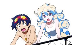 Rule 34 | 00s, 1boy, 1girl, blue hair, goggles, highres, jewelry, long hair, multicolored hair, necklace, nia teppelin, non-web source, open mouth, outstretched arms, short hair, simon (ttgl), tengen toppa gurren lagann, transparent background, vector trace, wallpaper