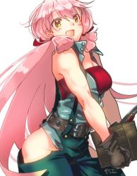 Rule 34 | 10s, 1girl, akashi (kancolle), alternate costume, bandeau, bare shoulders, blush, breasts, cleavage, green eyes, hair ribbon, hip vent, kantai collection, long hair, looking at viewer, noguruma, open mouth, overalls, pink hair, ribbon, smile, solo, strapless, tress ribbon, tube top, twintails, twitter username