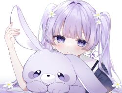 Rule 34 | 1girl, absurdres, flower, hand up, highres, long hair, looking at viewer, mole, mole under eye, morino wako, original, parted lips, purple eyes, purple hair, solo, stuffed toy, twintails, upper body, white background, white flower