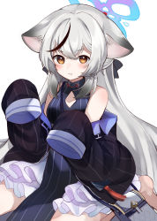 Rule 34 | 0kami 89zo, 1girl, absurdres, animal ears, bag, blue archive, breasts, cleavage, commentary request, grey hair, hair between eyes, halo, handbag, highres, jacket, kokona (blue archive), long hair, long sleeves, simple background, solo, white background, yellow eyes