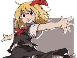 Rule 34 | 1girl, ahoge, arms at sides, ascot, black skirt, black vest, blonde hair, blush, collared shirt, commentary, frilled skirt, frills, grey shirt, hair ribbon, highres, looking at viewer, open mouth, outline, outstretched arms, red ascot, red eyes, red ribbon, ribbon, rumia, shinmon akika, shirt, short hair, short sleeves, simple background, skirt, skirt set, solo, spread arms, square, torn ascot, torn clothes, torn vest, touhou, vest, white shirt, wide sleeves, wing collar