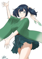 Rule 34 | 1girl, artist logo, artist name, blue hair, breasts, commentary request, cowboy shot, green eyes, green hakama, green kimono, hakama, highres, japanese clothes, kantai collection, kimono, large breasts, looking at viewer, panties, pleated skirt, simple background, skirt, solo, souryuu (kancolle), standing, t2r, twintails, underwear, white background, white panties