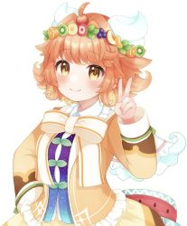 Rule 34 | 1girl, blush, coretto coto, hand on own hip, head wreath, highres, horns, looking at viewer, lucia alamode, orange hair, pale skin, seventh happiness, short hair, solo, v, virtual youtuber, yellow eyes