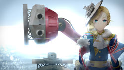 Rule 34 | 1girl, absurdres, aiming, aiming at viewer, asymmetrical hair, azur lane, backlighting, blonde hair, blue eyes, cowboy shot, earrings, highres, hood (azur lane), jewelry, lens flare, outstretched arm, pearl earrings, rigging, short hair, solo, turret, union jack, user xchv4234