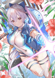 Rule 34 | 1girl, absurdres, alpha beta, blue bow, blue jacket, blue one-piece swimsuit, bow, breasts, competition swimsuit, dual wielding, energy sword, fate/grand order, fate (series), hair between eyes, hair bow, highleg, highleg swimsuit, highres, holding, jacket, large breasts, long hair, looking at viewer, one-piece swimsuit, ponytail, red eyes, short sleeves, silver hair, smile, swimsuit, sword, thighs, tomoe gozen (fate), tomoe gozen (swimsuit saber) (fate), tomoe gozen (swimsuit saber) (first ascension) (fate), two-tone swimsuit, weapon, white one-piece swimsuit