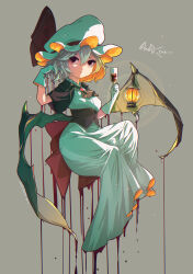 Rule 34 | 1girl, absurdres, bat (animal), bat wings, blood, cup, dress, drinking glass, full body, gloves, grey background, hat, hat ribbon, highres, holding, holding cup, lantern, looking at viewer, mob cap, parted lips, red eyes, remilia scarlet, ribbon, short hair, simple background, solo, tami (joemanyodw), touhou, white dress, white gloves, white hat, wine glass, wings