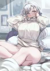Rule 34 | 1girl, barefoot, bed, blush, breasts, calendar (object), commentary request, unworn eyewear, glasses, hair ribbon, highres, holding, holding removed eyewear, indie virtual youtuber, large breasts, long hair, looking at viewer, mi2mi2 minmi, mole, mole under eye, on bed, one-piece swimsuit, panties, parted lips, ponytail, purple eyes, ribbed sweater, ribbon, simple background, sitting, solo, sweater, swimsuit, turtleneck, turtleneck sweater, underwear, virtual youtuber, white hair, white one-piece swimsuit, white panties, white sweater, yomi tsumugiha
