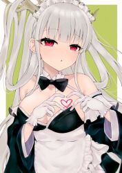 Rule 34 | 1girl, alternate costume, apron, azur lane, bare shoulders, black bow, black bowtie, border, bow, bowtie, breasts, cleavage, collar, dragon girl, dragon horns, enmaided, gloves, green background, hair on horn, hands up, heart, heart hands, horns, large breasts, long hair, looking at viewer, maid, maid headdress, nn nmxo, official alternate costume, outside border, parted lips, red eyes, shimanto (azur lane), shimanto (the comfy dragon god) (azur lane), solo, waist apron, white apron, white border, white collar, white gloves, white hair