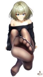 Rule 34 | 1girl, artist logo, bare shoulders, black pantyhose, black sweater, blue eyes, closed mouth, collarbone, feet, green eyes, green hair, heterochromia, highres, idolmaster, idolmaster cinderella girls, infinote, lips, long sleeves, looking at viewer, mole, mole under eye, nail polish, no shoes, off-shoulder sweater, off shoulder, outstretched leg, pantyhose, pink nails, seams, short hair, signature, simple background, sitting, smile, solo, sweater, takagaki kaede, white background