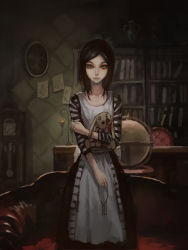 Rule 34 | 1girl, alice: madness returns, alice (alice in wonderland), alice in wonderland, alice liddell (american mcgee&#039;s alice), american mcgee&#039;s alice, american mcgee's alice, apron, black hair, book, gjred, globe, green eyes, highres, key, keyring, long hair, picture frame, shirt, solo, striped clothes, striped shirt, stuffed animal, stuffed toy, two-tone stripes, wallpaper