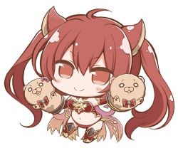Rule 34 | 10s, 1girl, ahoge, animal ears, armor, armored boots, bare shoulders, bikini, bikini armor, blush stickers, boots, bow, bowtie, breasts, brooch, cerberus (shingeki no bahamut), chibi, cleavage, closed mouth, demon tail, detached collar, dog ears, elbow gloves, full body, gloves, granblue fantasy, hair between eyes, hand puppet, hand up, jewelry, long hair, looking at viewer, navel, nejikirio, o o, outstretched arm, pink bow, puppet, red armor, red bikini, red bow, red bowtie, red eyes, red gloves, red hair, shadowverse, shingeki no bahamut, simple background, smile, solo, swimsuit, tail, thigh boots, thighhighs, twintails, white background