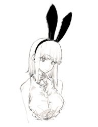 Rule 34 | 1girl, animal ears, black hairband, breasts, rabbit ears, closed mouth, commentary request, dagashi kashi, greyscale, hair ornament, hairband, highres, kotoyama, looking at viewer, medium hair, monochrome, ringed eyes, shidare hotaru, shirt, simple background, solo, white background