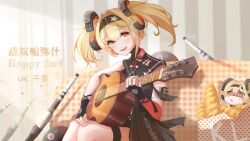 Rule 34 | 1girl, baguette, black gloves, black hairband, blonde hair, bread, brown eyes, couch, cross-shaped pupils, fingerless gloves, food, gloves, guitar, hairband, highres, instrument, long hair, luna (punishing: gray raven), music, on couch, open mouth, playing instrument, punishing: gray raven, sidelocks, sleeveless, symbol-shaped pupils, teeth, thighlet, translation request, two side up, upper teeth only