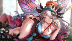 Rule 34 | 1girl, arrow (projectile), between breasts, breasts, cleavage, collarbone, facial mark, fairy wings, fire emblem, fire emblem heroes, flower, forehead mark, gonzarez, highres, japanese clothes, kimono, large breasts, light rays, nintendo, plumeria (fire emblem), ponytail, red eyes, revision, side slit, silver hair, smile, solo, thorns, window, wings