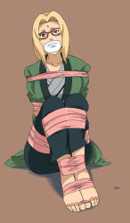 Rule 34 | 1girl, arms behind back, barefoot, bdsm, blonde hair, bondage, bound, bound ankles, bound arms, bound feet, bound legs, bound toes, breast bondage, breasts, brown hair, collarbone, feet, gag, gagged, glasses, highres, improvised gag, large breasts, lost one zero, naruto: road to ninja, naruto (series), naruto shippuuden, sitting, sweat, tape, tape bondage, tape gag, toenails, toes, tsunade (naruto)