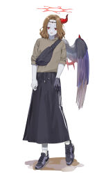 Rule 34 | 1girl, absurdres, alternate costume, brown hair, capricious darklord, casual, colored skin, duel monster, fallen angel, fanny pack, feathered wings, gloves, grey skin, halo, highres, horns, lemon (lmn9911), long skirt, long sleeves, medium hair, parted lips, red eyes, shirt, single glove, single horn, single wing, skirt, sleeves rolled up, solo, wings, yu-gi-oh!