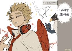 Rule 34 | 2boys, animal head, artist name, bad id, bad pixiv id, bird boy, blonde hair, boku no hero academia, collared shirt, earrings, english text, facial hair, grin, hawks (boku no hero academia), headphones, headphones around neck, heart, hiding, jewelry, kadeart, long sleeves, looking at viewer, male focus, multiple boys, necktie, red neckwear, red wings, shirt, smile, sparkle, tokoyami fumikage, upper body, white shirt, wings