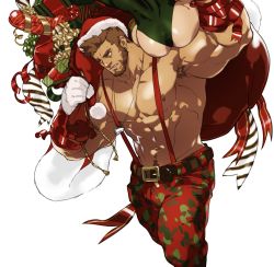 Rule 34 | 2boys, abs, arm up, armpit hair, bara, bare pectorals, beard, biceps, body hair, box, brown eyes, bulge, camouflage, camouflage pants, candy, candy cane, cayden (dizdoodz), chest hair, christmas, dizdoodz, earrings, facial hair, feet out of frame, food, gift, gift bag, gift box, gloves, hat, highres, jewelry, large pectorals, light brown hair, looking to the side, male focus, multiple boys, muscular, muscular male, navel, nipples, on shoulder, original, over shoulder, pants, pectorals, red pants, santa costume, santa hat, topless male, short hair, solo focus, stomach, suspenders, thick thighs, thighs, white background, white gloves