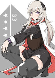 Rule 34 | 1girl, absurdres, black skirt, black thighhighs, blonde hair, character name, closed mouth, g3 (girls&#039; frontline), g3 (mod3) (girls&#039; frontline), girls&#039; frontline, hair ornament, highres, long hair, looking at viewer, mod3 (girls&#039; frontline), no shoes, purple eyes, rosehip t72, scarf, simple background, sitting, skirt, solo, thighhighs